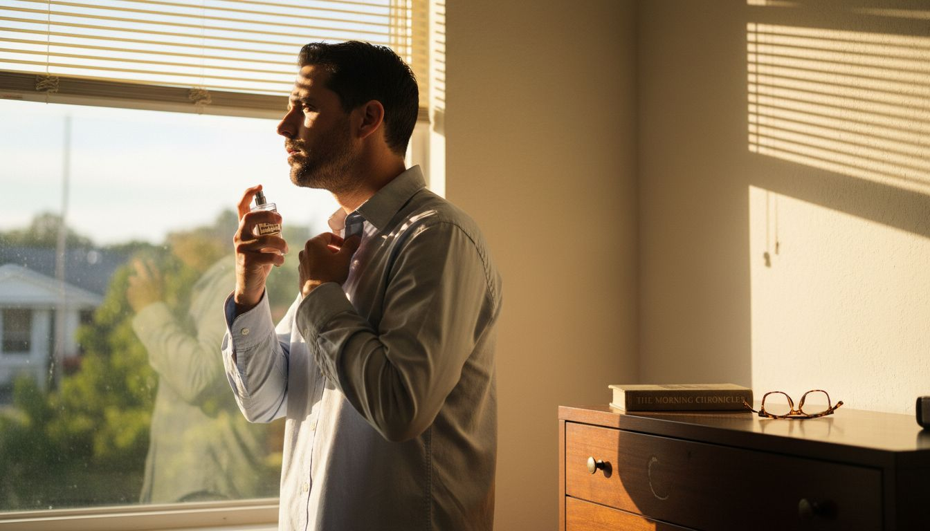 Man spraying perfume on neck pulse point
