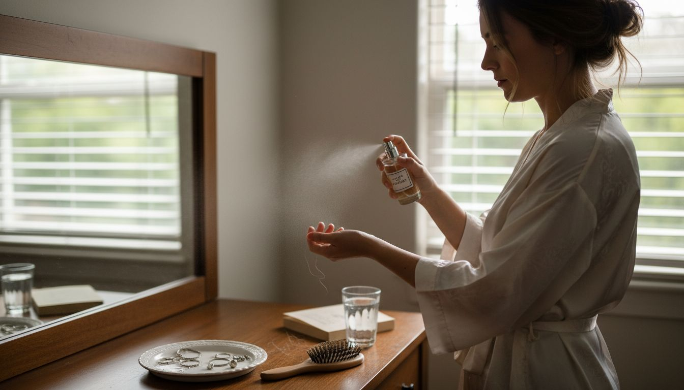Woman spraying perfume at bedroom dresser