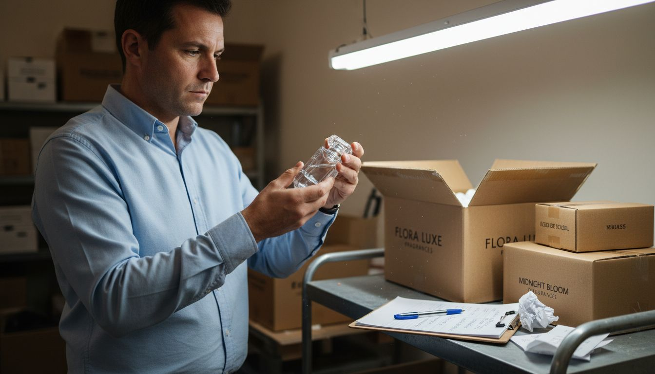 Man inspecting perfume authenticity backroom