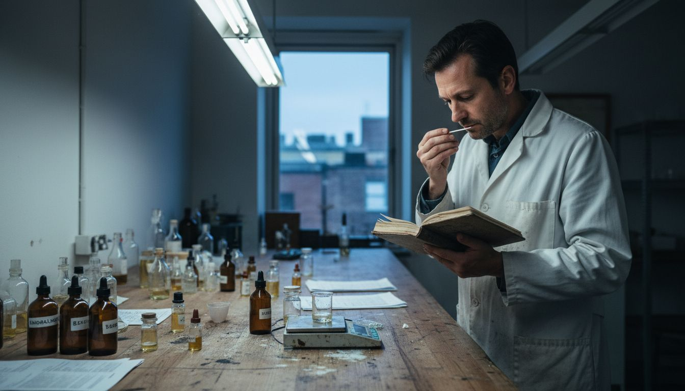 Perfumer working in lab with vials and notes