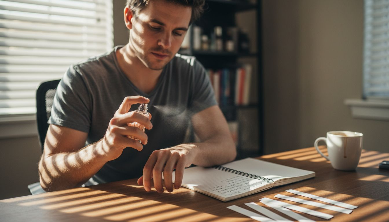 Man testing perfume at tidy home desk