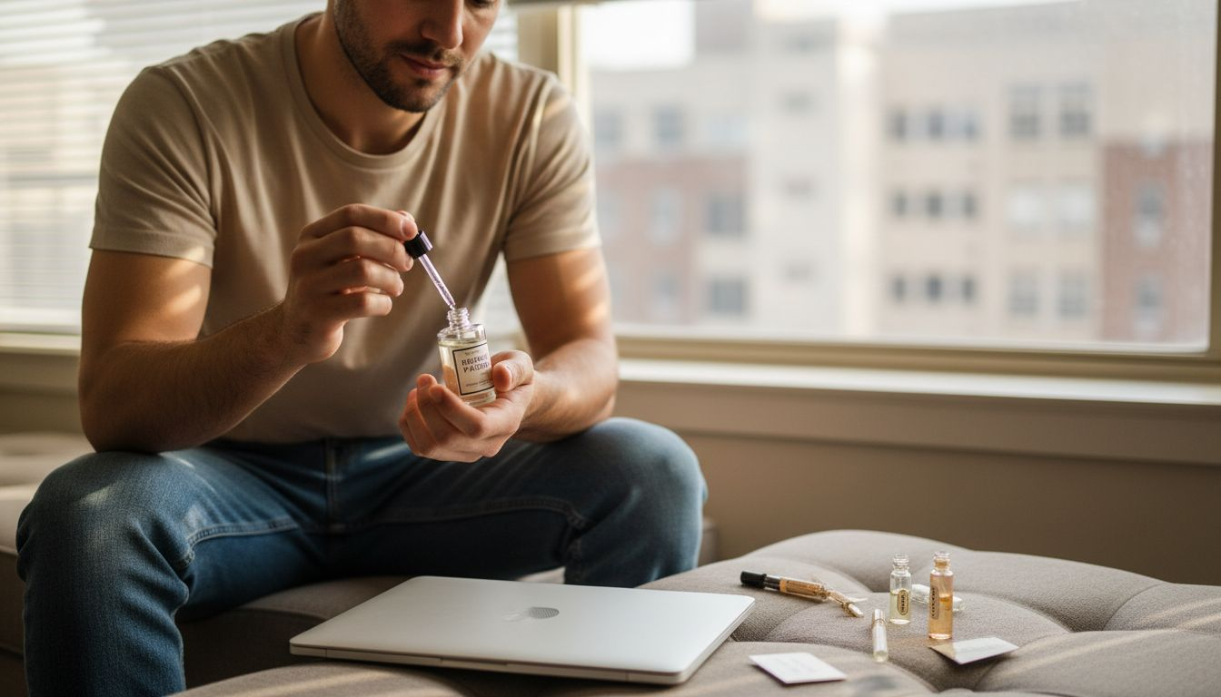 Man applying extrait de parfum by window