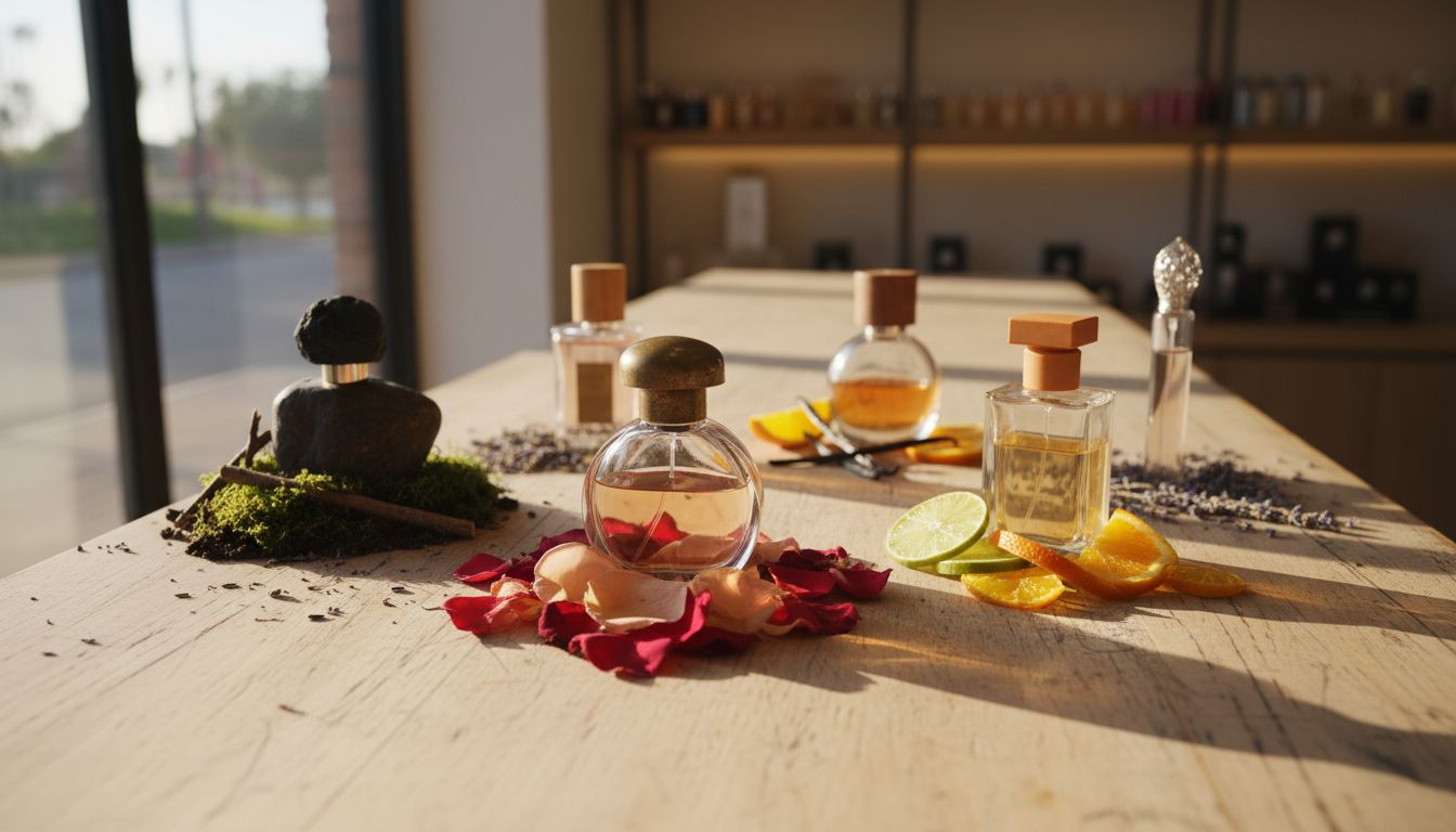 Perfume bottles illustrating fragrance families