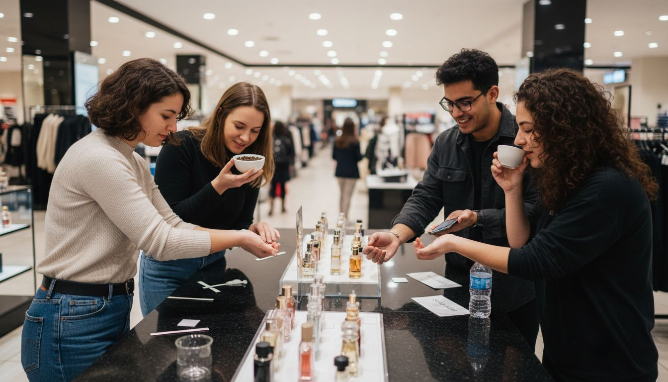 People sampling perfumes at fragrance counter
