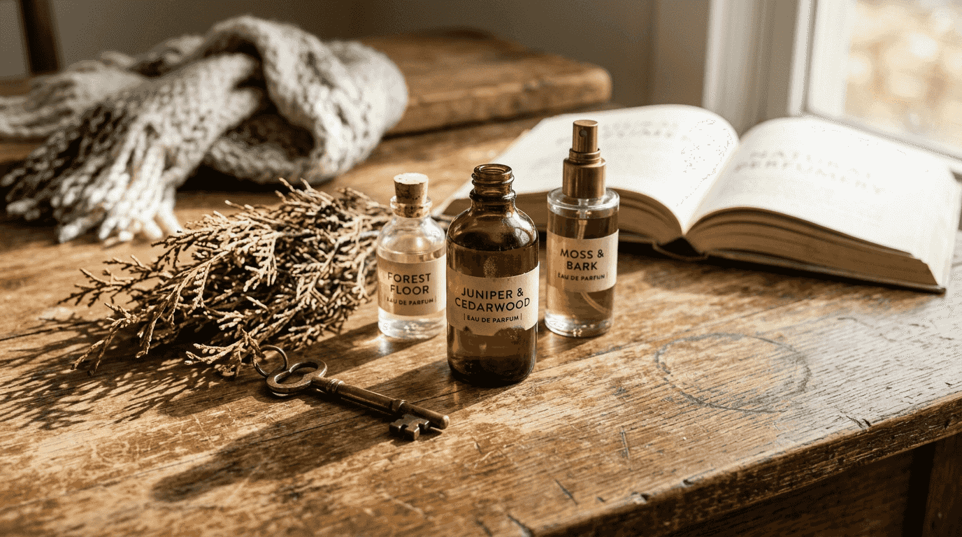 Perfume bottles with cedar and vintage key
