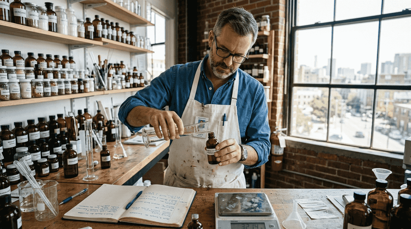 Lab technician blending perfume ingredients