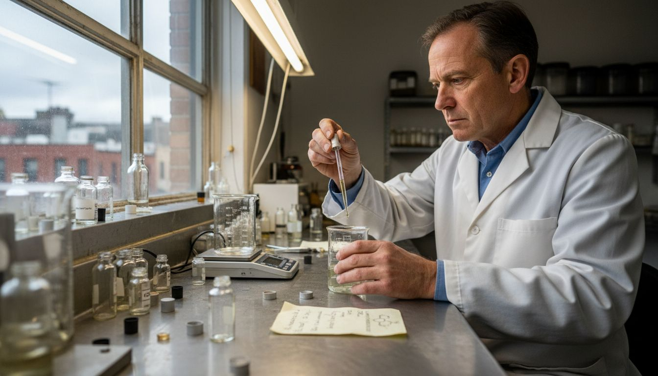 Perfumer blending scent at workbench