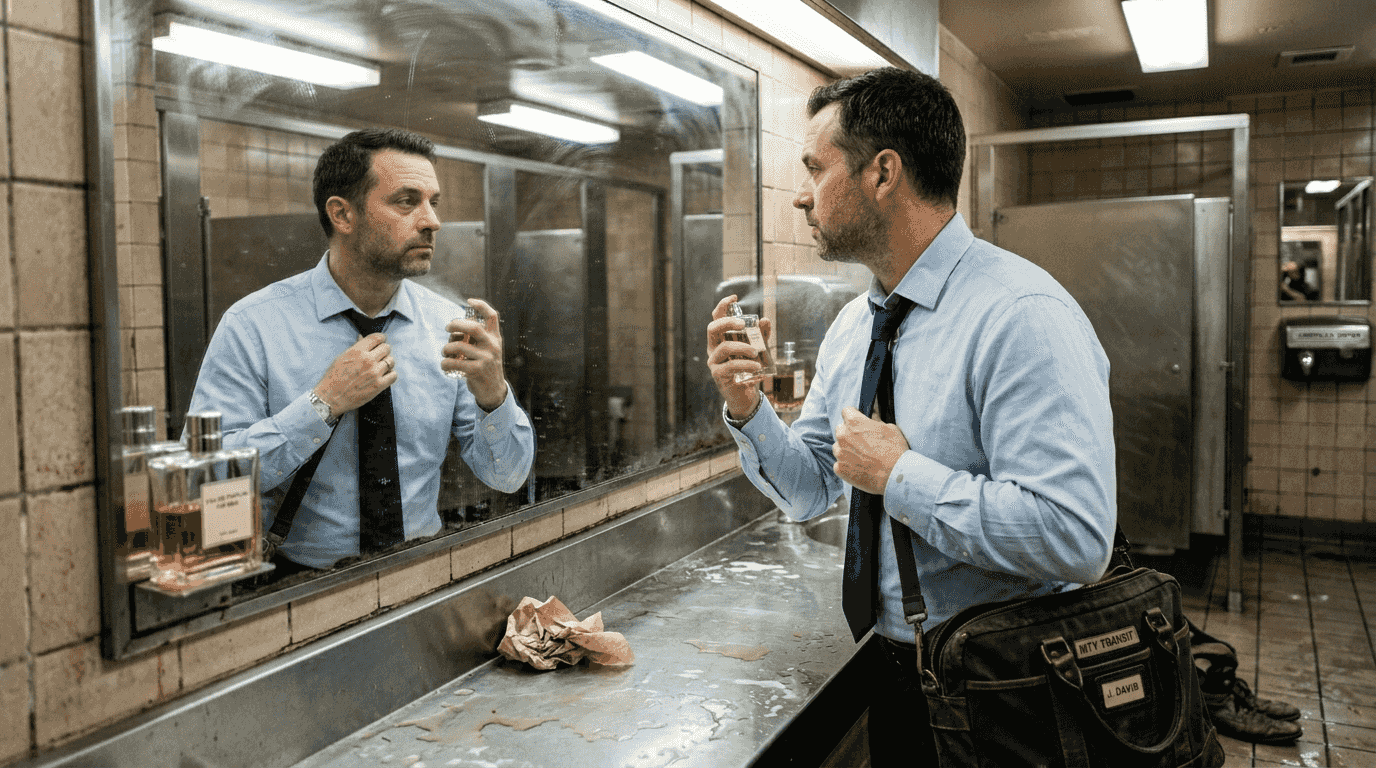 Man applies perfume during busy morning commute