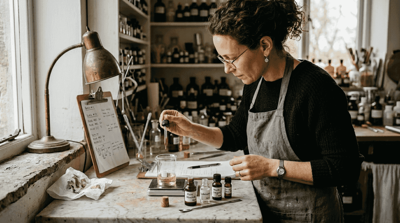 Perfumer blending natural ingredients for perfume