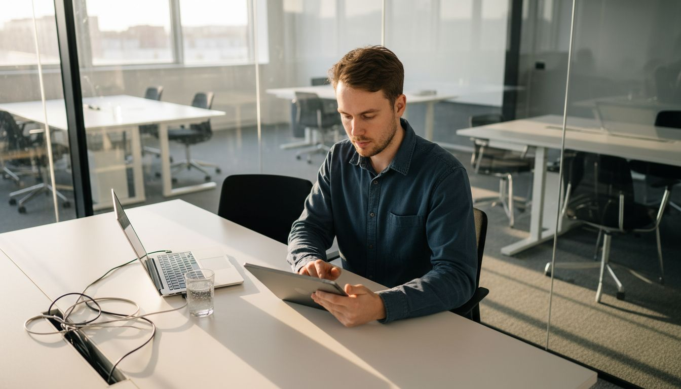 En ung medarbejder sidder og arbejder digitalt på et moderne kontor med fokus på teknologi.