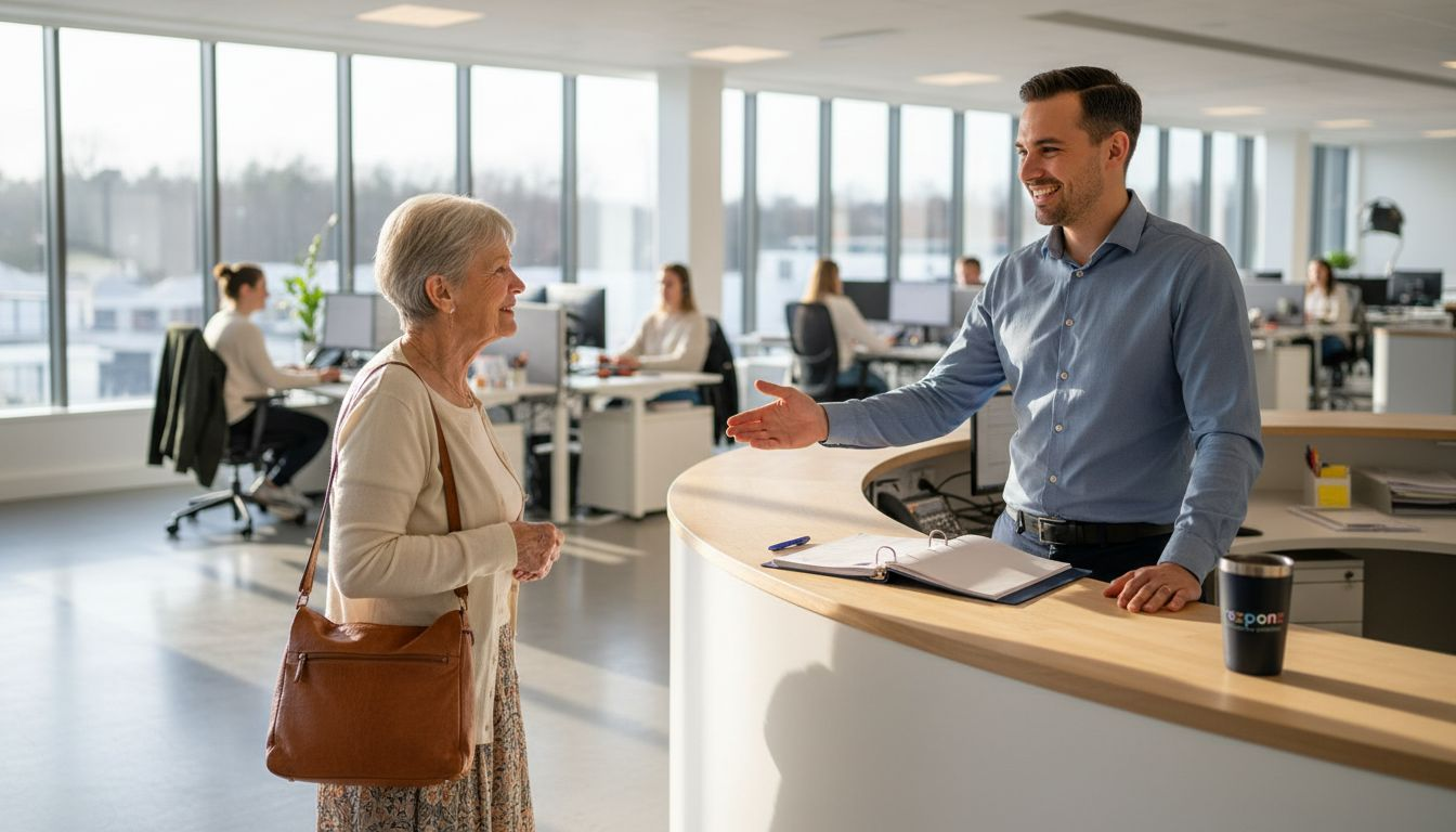 En medarbejder tager venligt imod kunden med et smil.