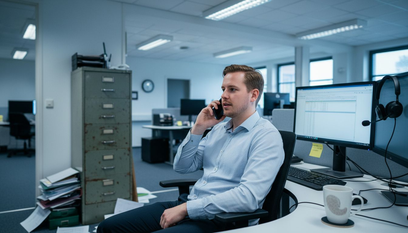 En kundeservicemedarbejder sidder og taler i telefon på kontoret