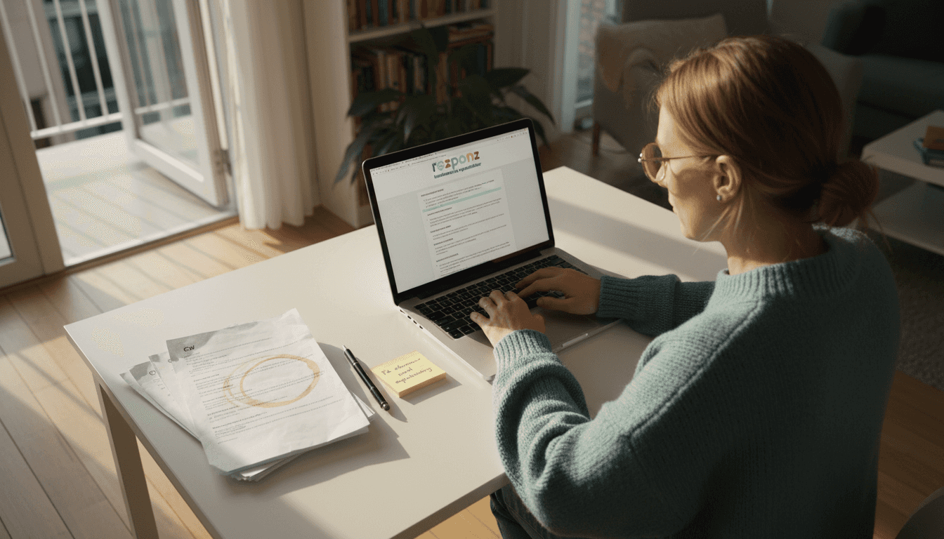 En kvinde sidder ved skrivebordet og gør sit CV klar til en jobansøgning.