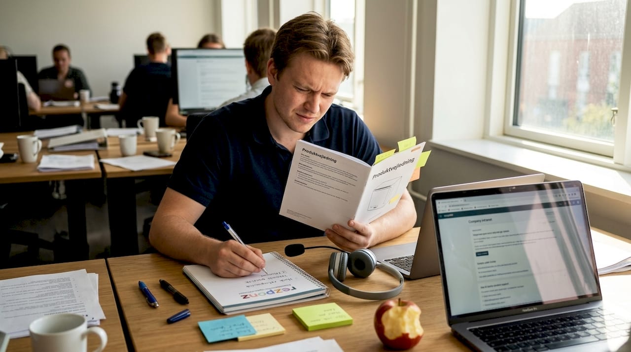 En medarbejder fordyber sig i manualer ved et fælles arbejdsbord.