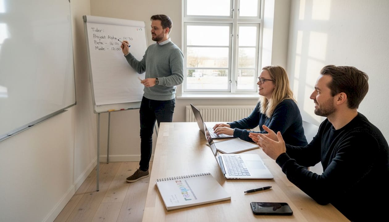 Et team samles i mødelokalet for at drøfte, hvordan AI kan gøre arbejdet mere effektivt.