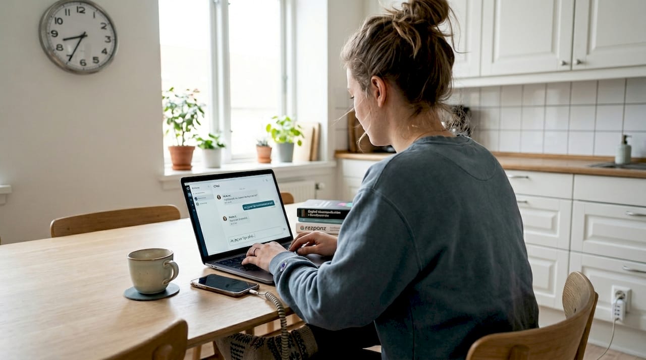 En ung kvinde arbejder med digital kundeservice fra sit hjem.