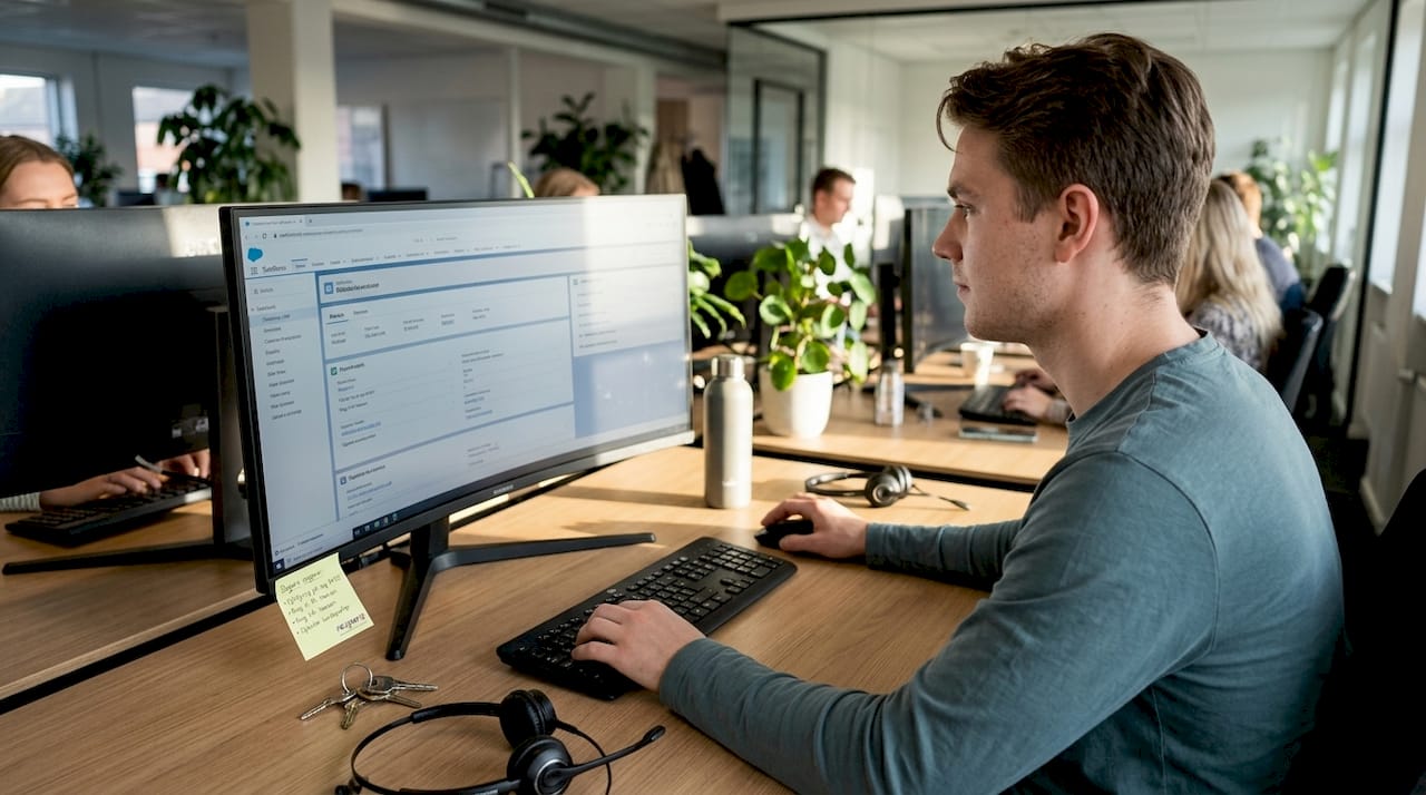 En mand sidder på kontoret og arbejder med CRM-systemet.