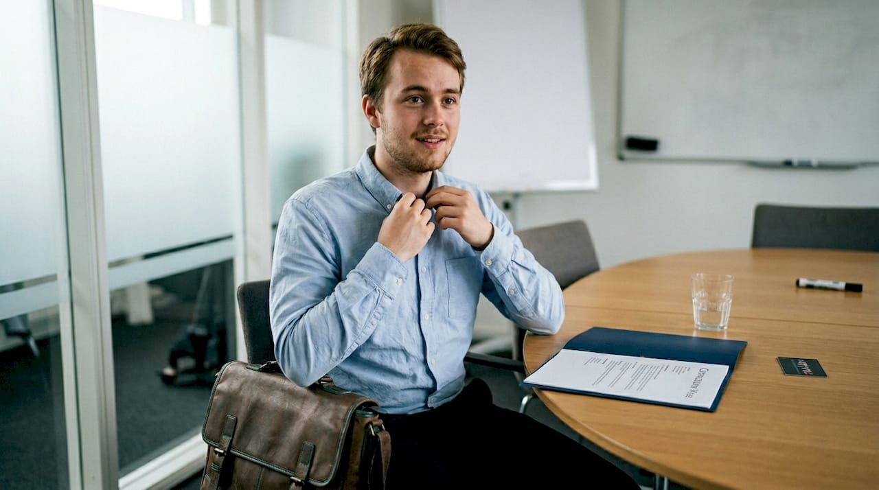En yngre fyr sidder spændt og venter på at skulle til jobsamtale.