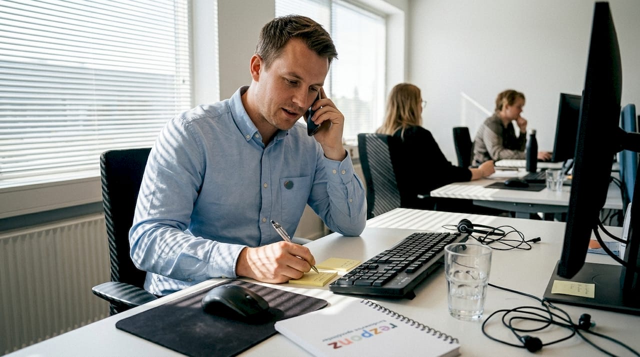 Medarbejderen er nærværende og engageret, når der tales med kunder over telefonen.