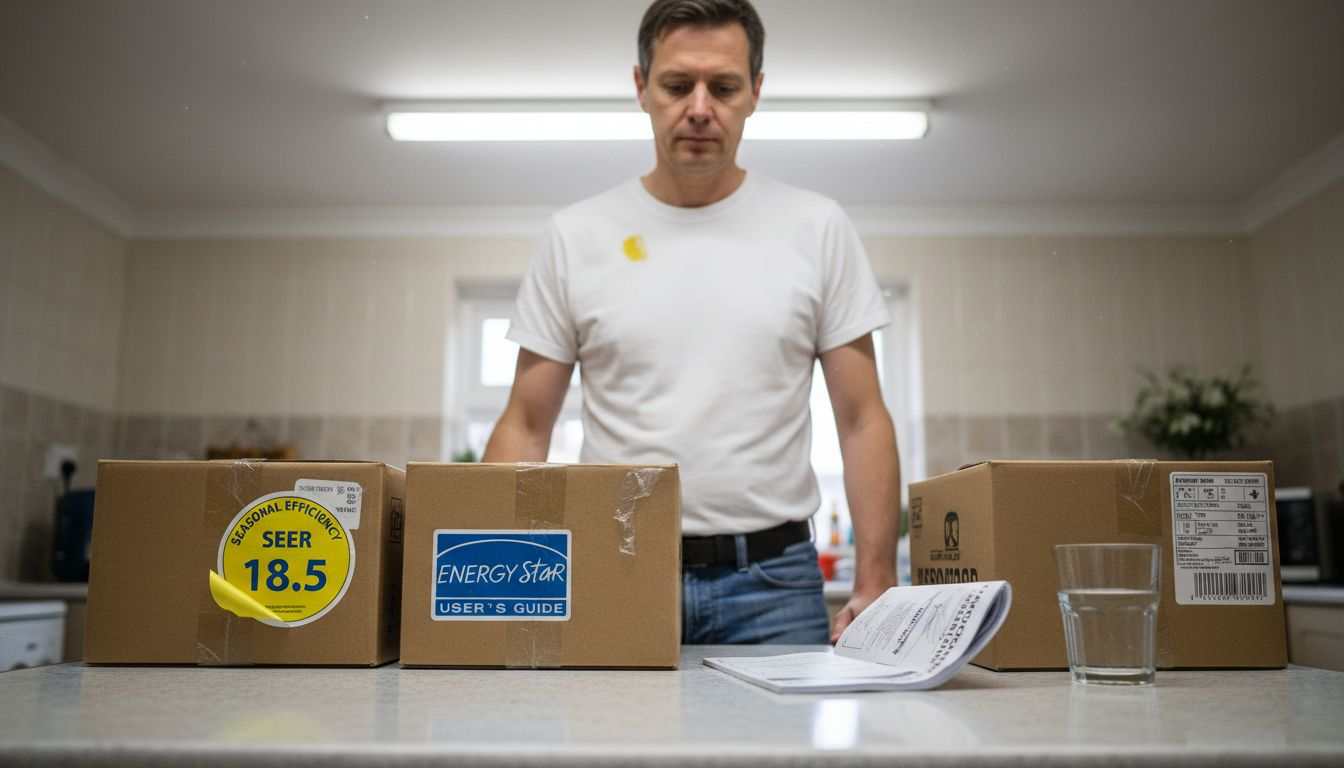 Person comparing AC SEER and ENERGY STAR labels