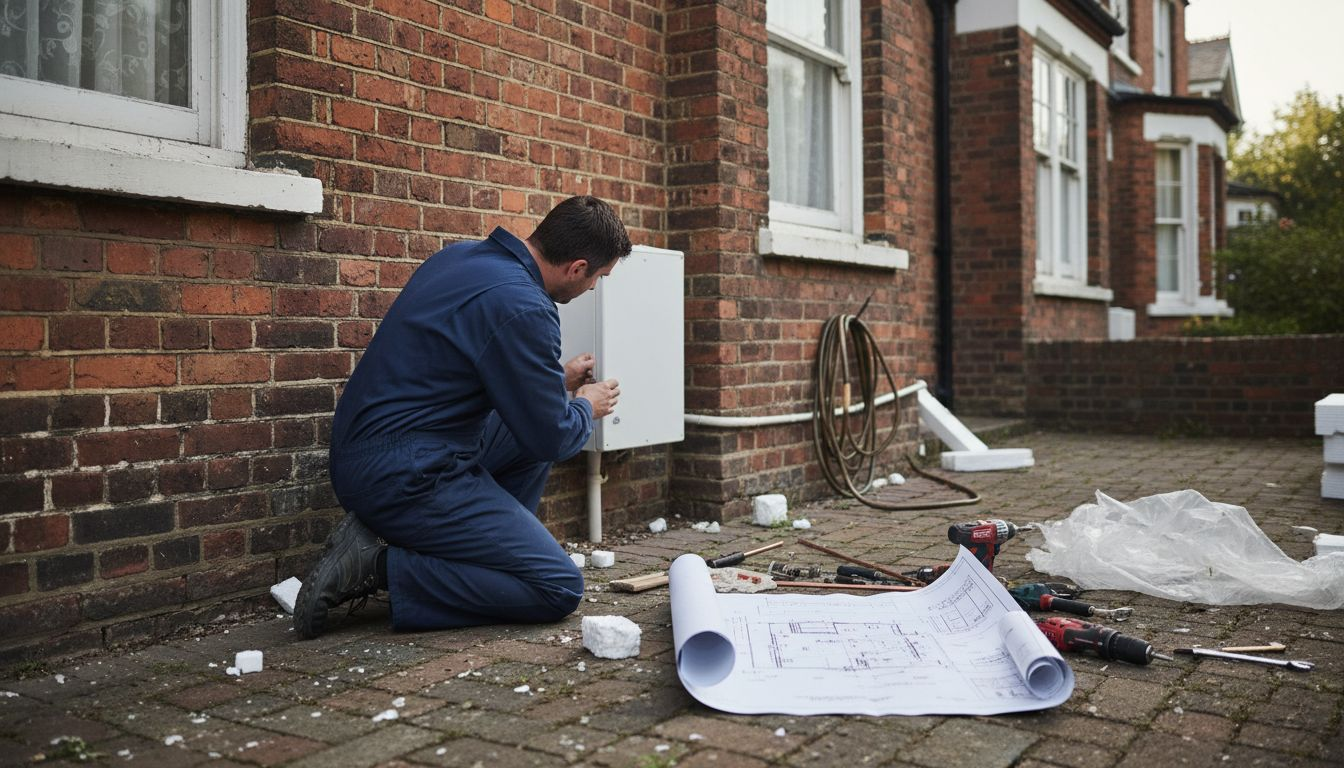 HVAC installer fits heat pump outside brick home