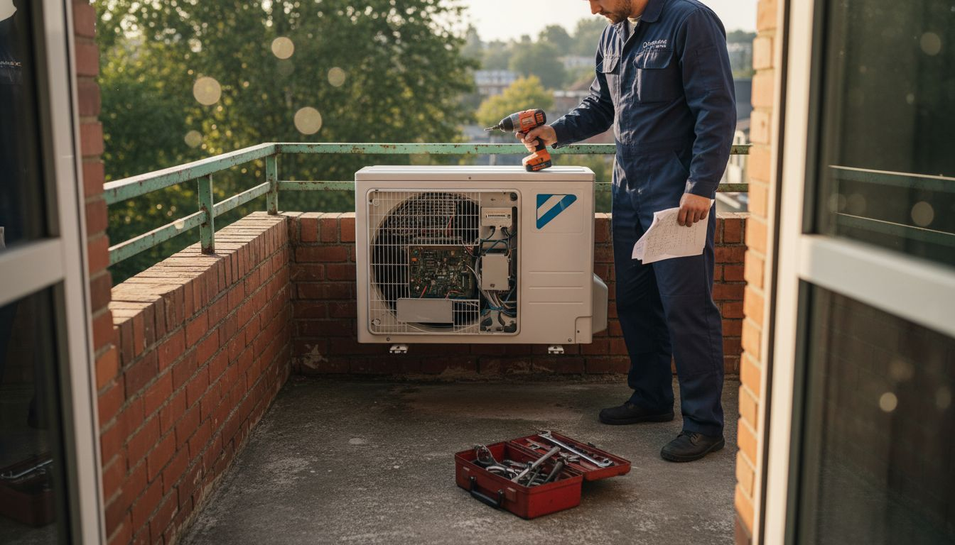 Technician servicing inverter AC outdoor unit