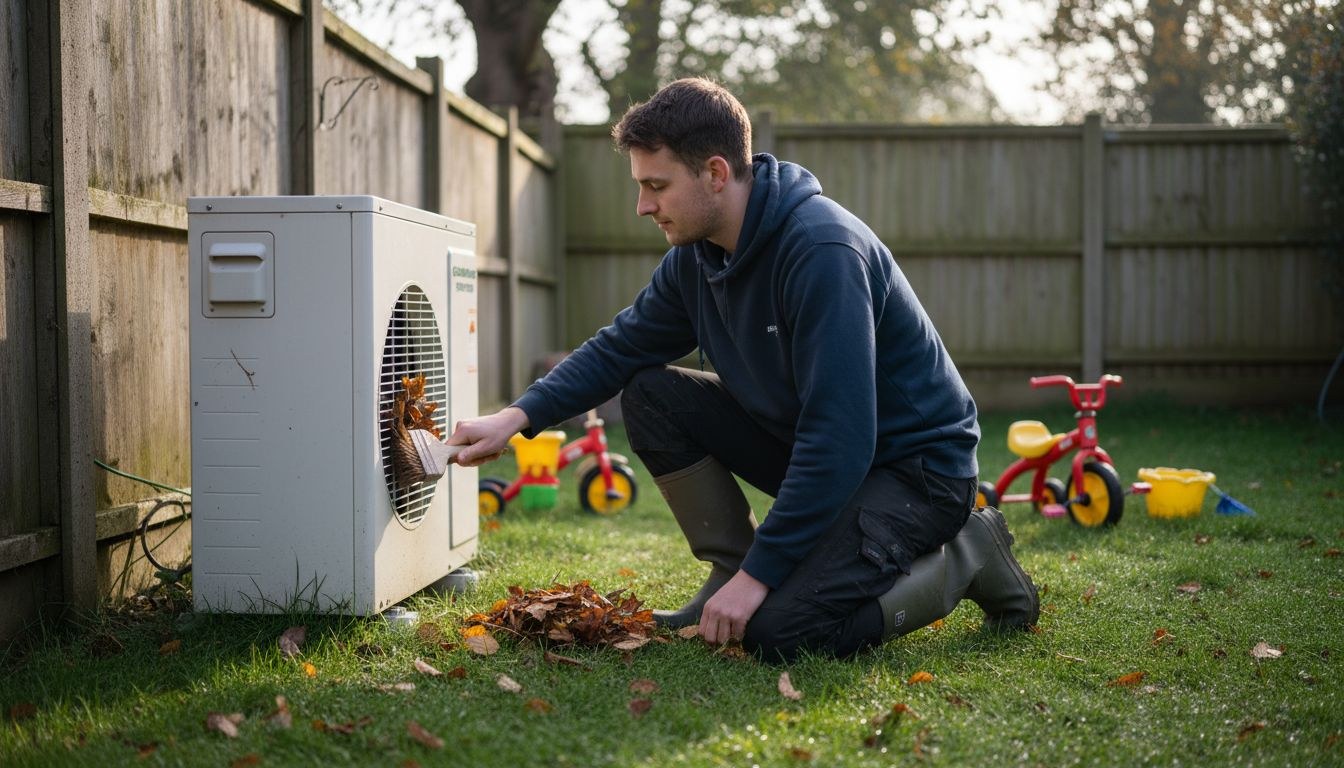 Homeowner cleaning outdoor heat pump unit