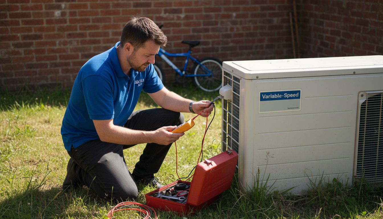 Technician checking variable-speed compressor outdoors