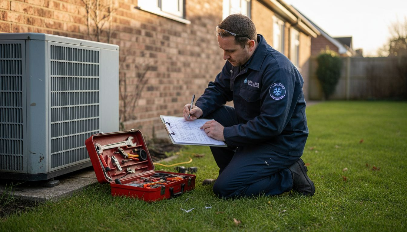 Technician maintaining HVAC unit outdoors