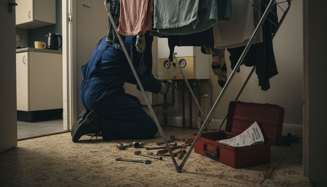 Technician replacing old boiler in utility room