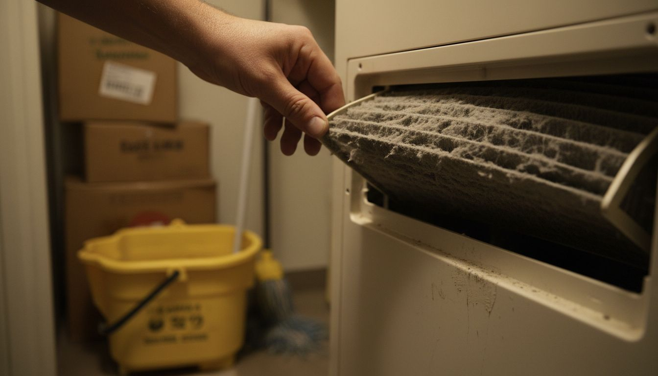 Hand removing dirty air conditioning filter