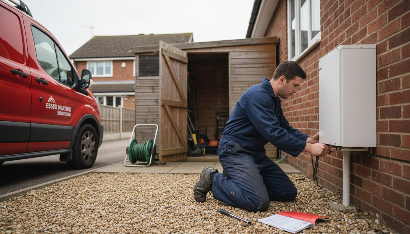 Technician installing residential heat pump system