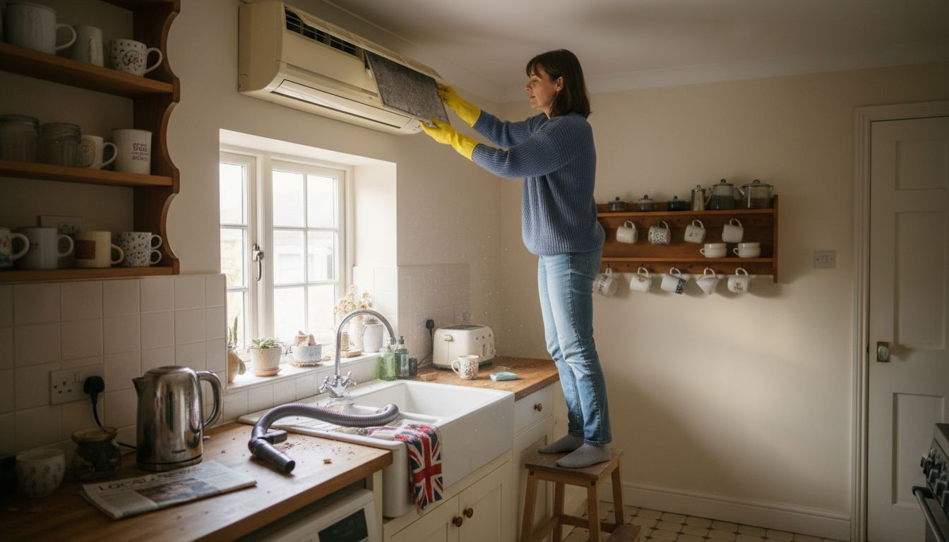 Homeowner cleaning AC filter in UK kitchen