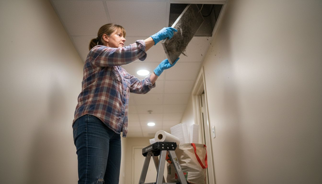 Woman changing HVAC air filter at home