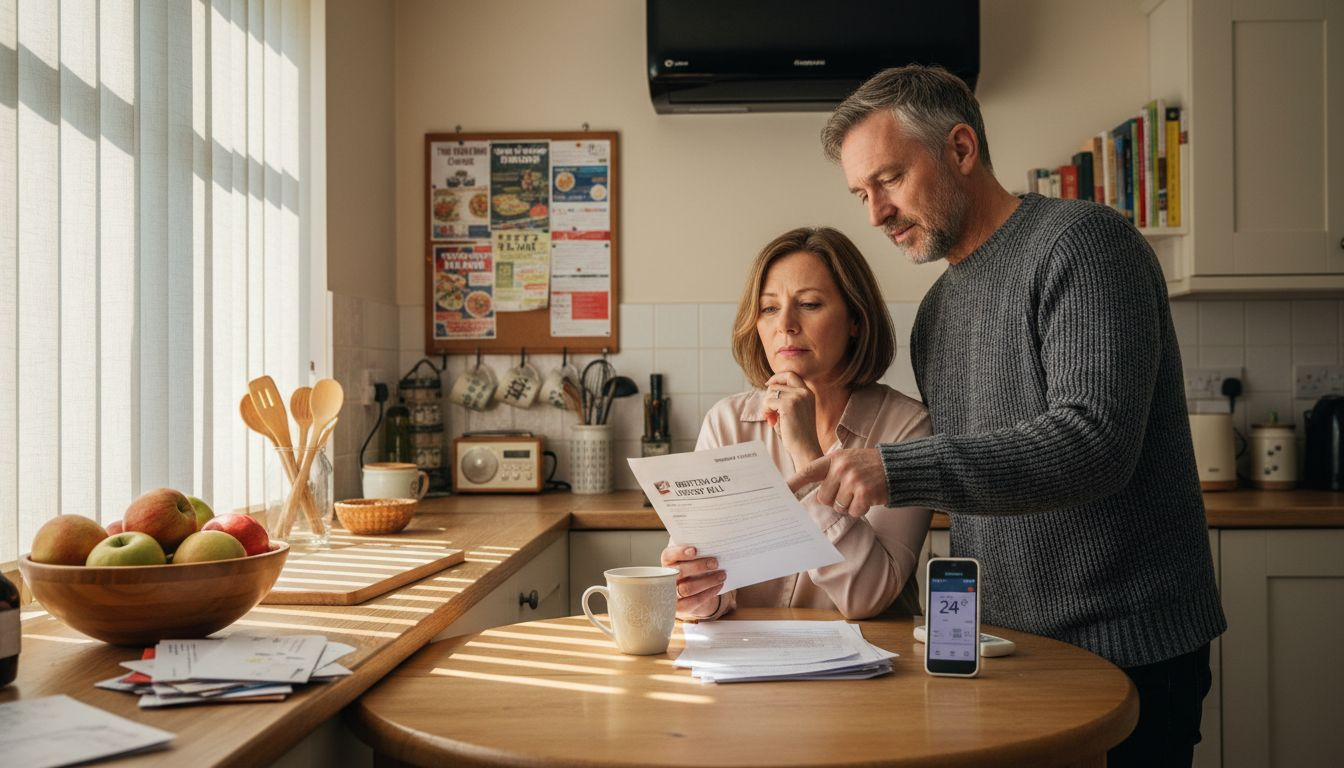 Homeowners checking bill with air conditioning unit