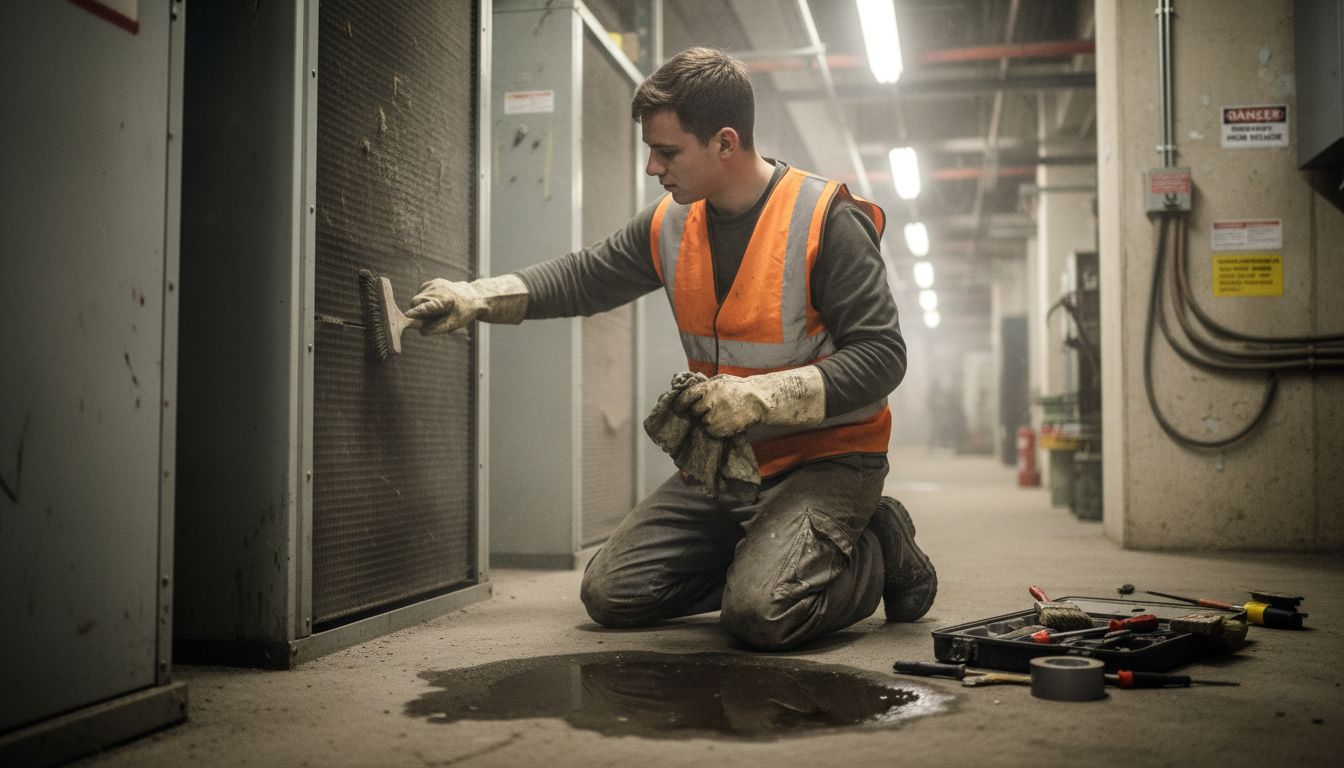 Worker cleaning HVAC coil in plant room
