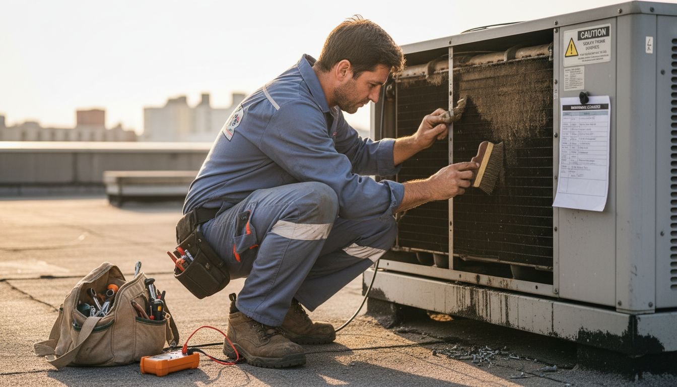 Technician cleaning rooftop ac coils