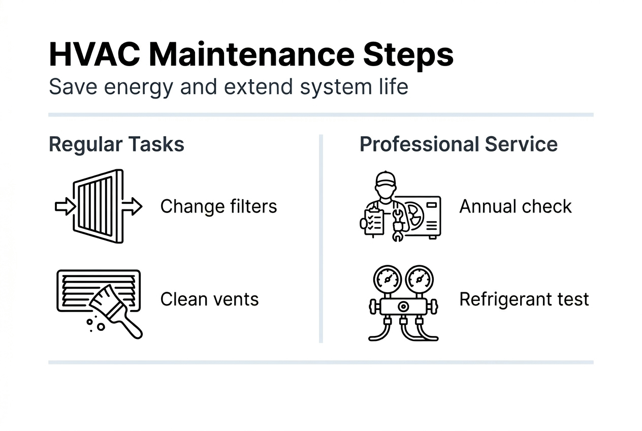 HVAC maintenance steps and energy savings infographic