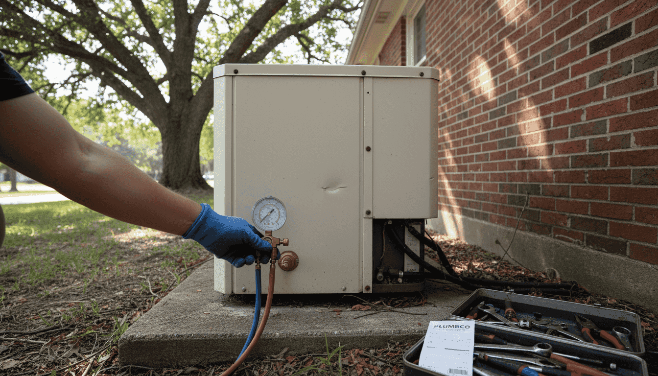 Pressure gauge checking outdoor AC condenser