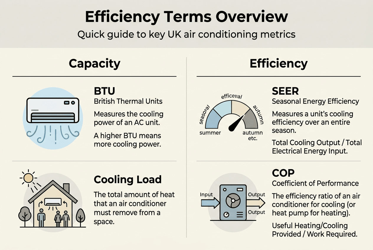 Infographic summarising AC efficiency terms UK