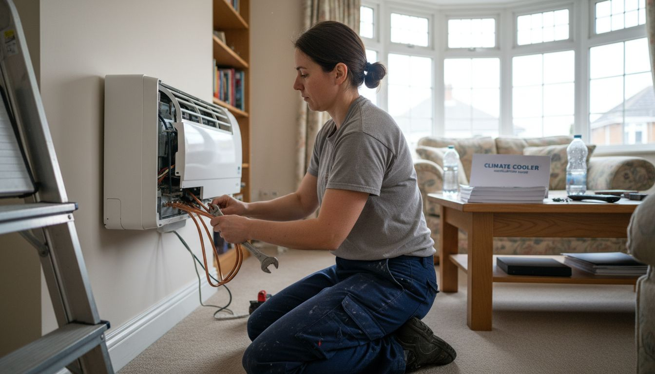 Installer setting up a split air conditioner unit