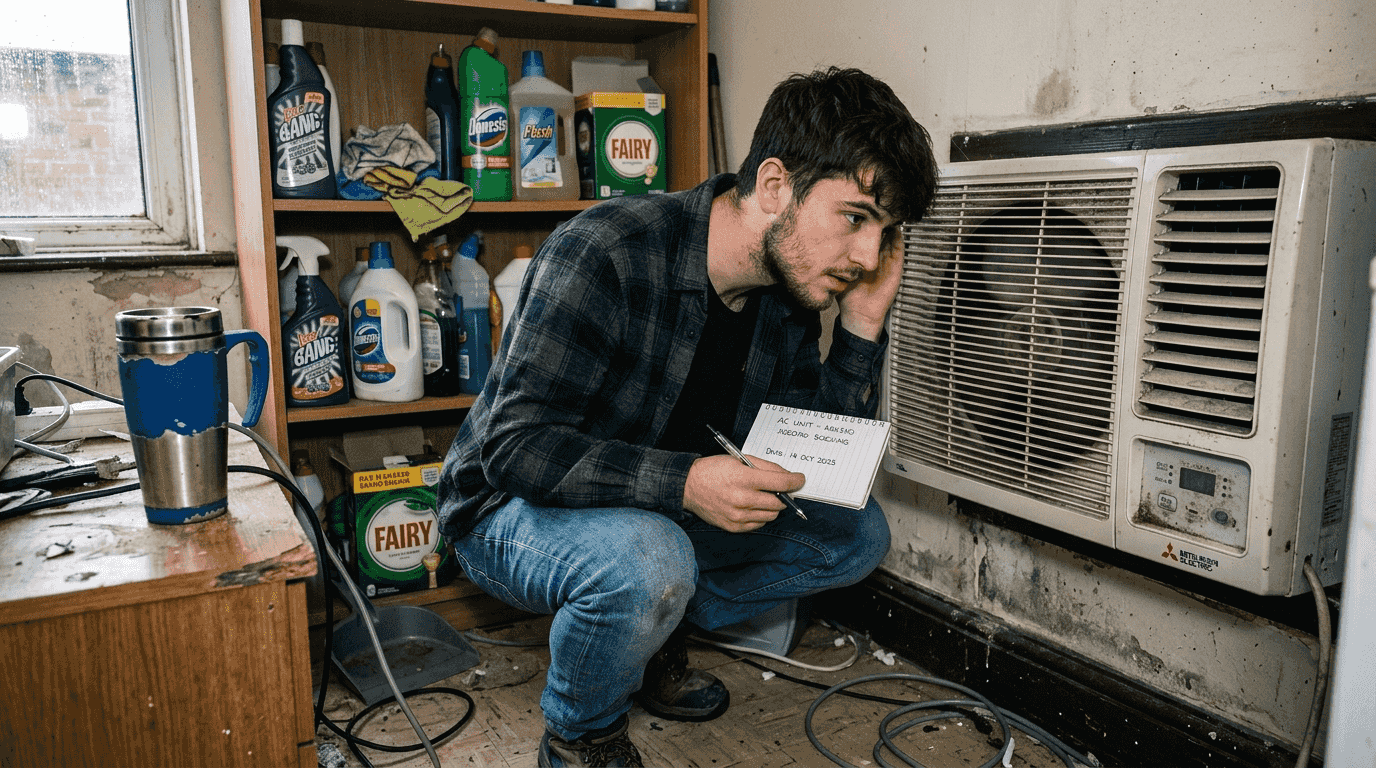 Person inspecting noisy indoor air conditioner