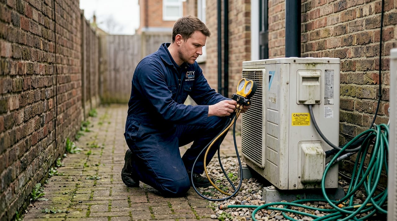 Technician servicing outdoor air conditioning unit