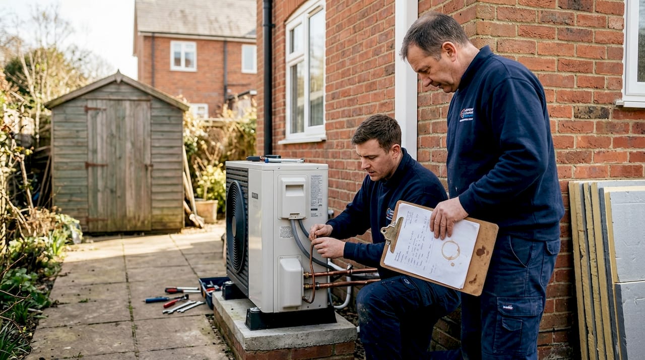 Installers setting up heat pump unit