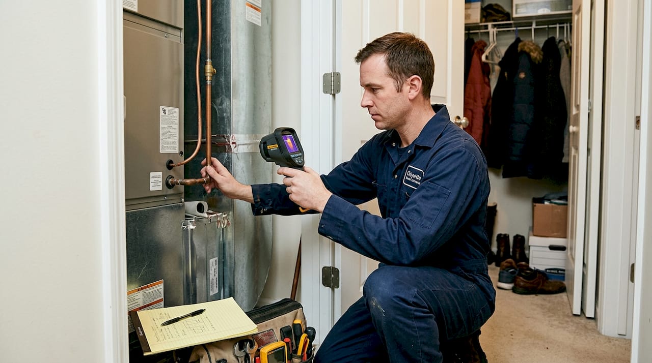 Technician inspects HVAC air handler with thermal camera