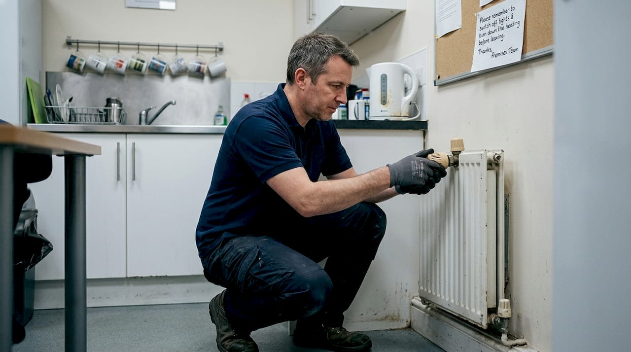Engineer adjusts radiator valve in staff kitchen