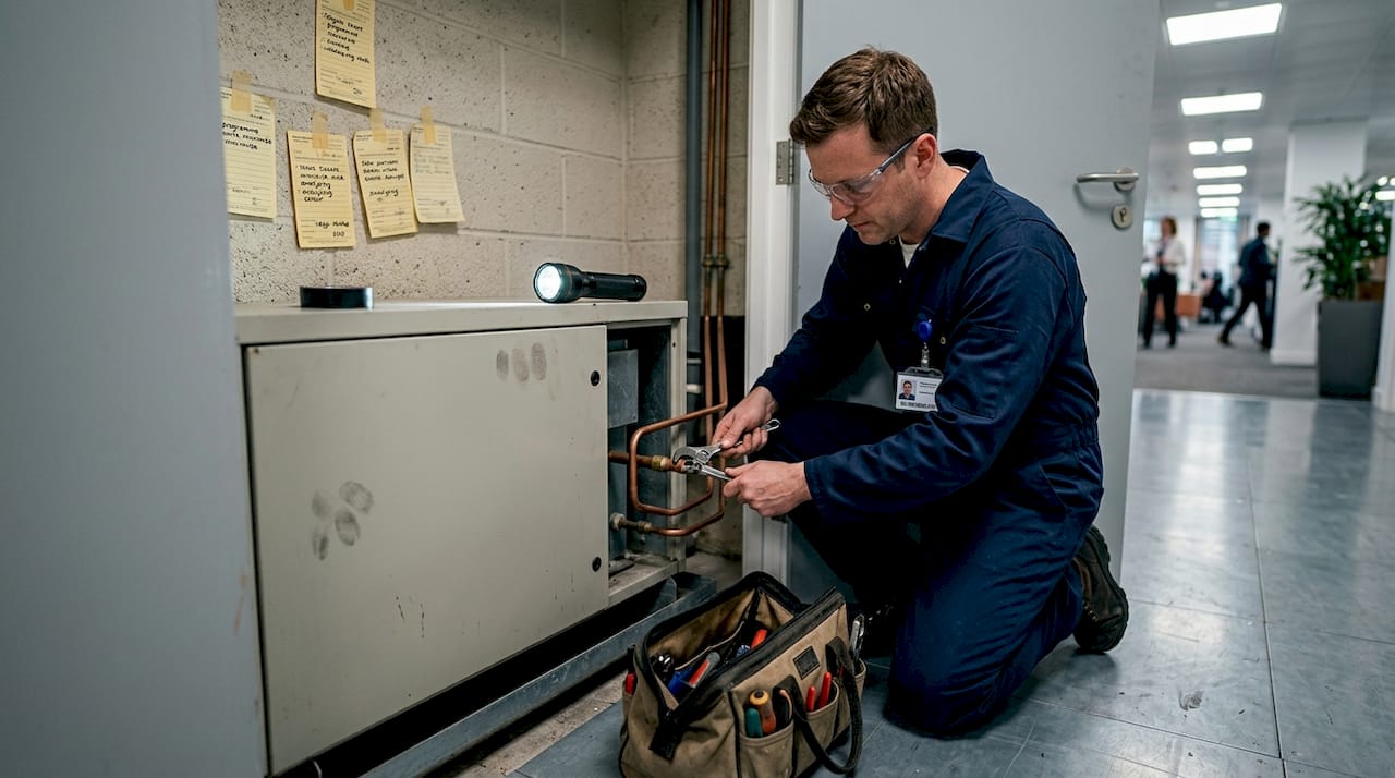 Technician servicing indoor split HVAC unit