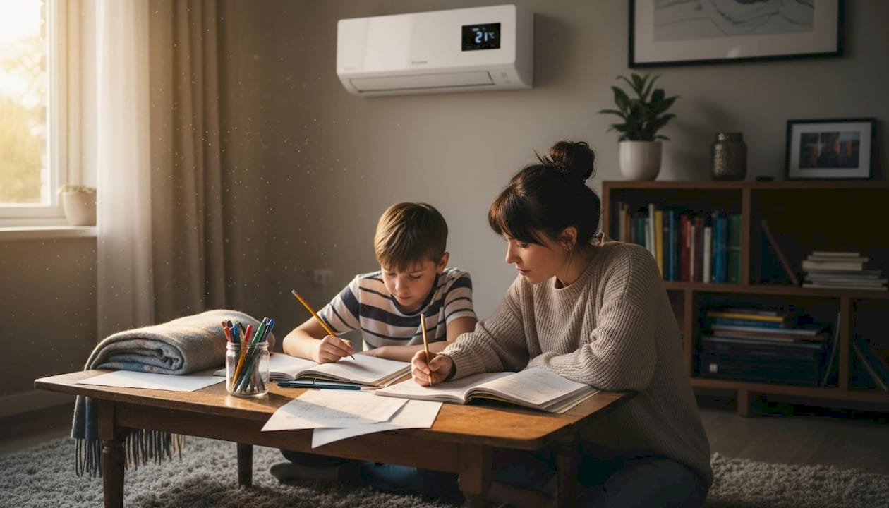 Family using heat pump in living room