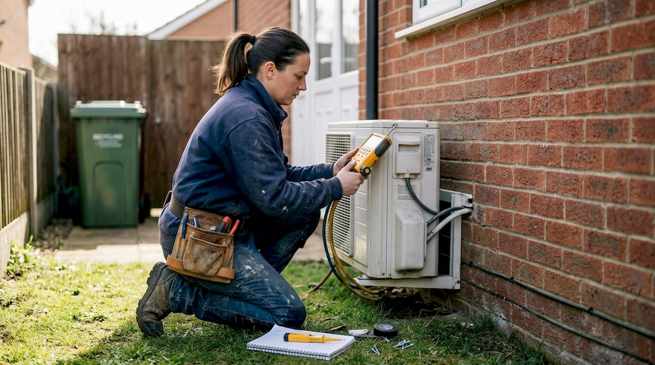 Installer checking outdoor air conditioner unit
