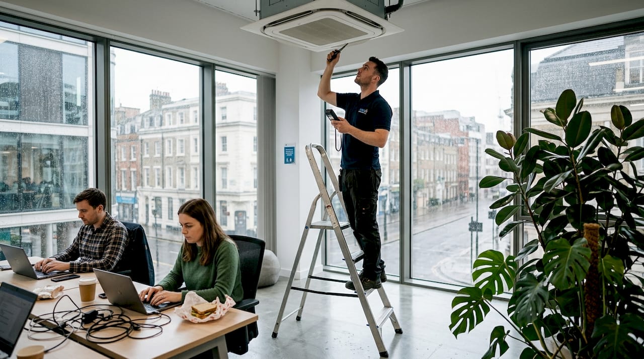 HVAC technician checks office ceiling cassette unit